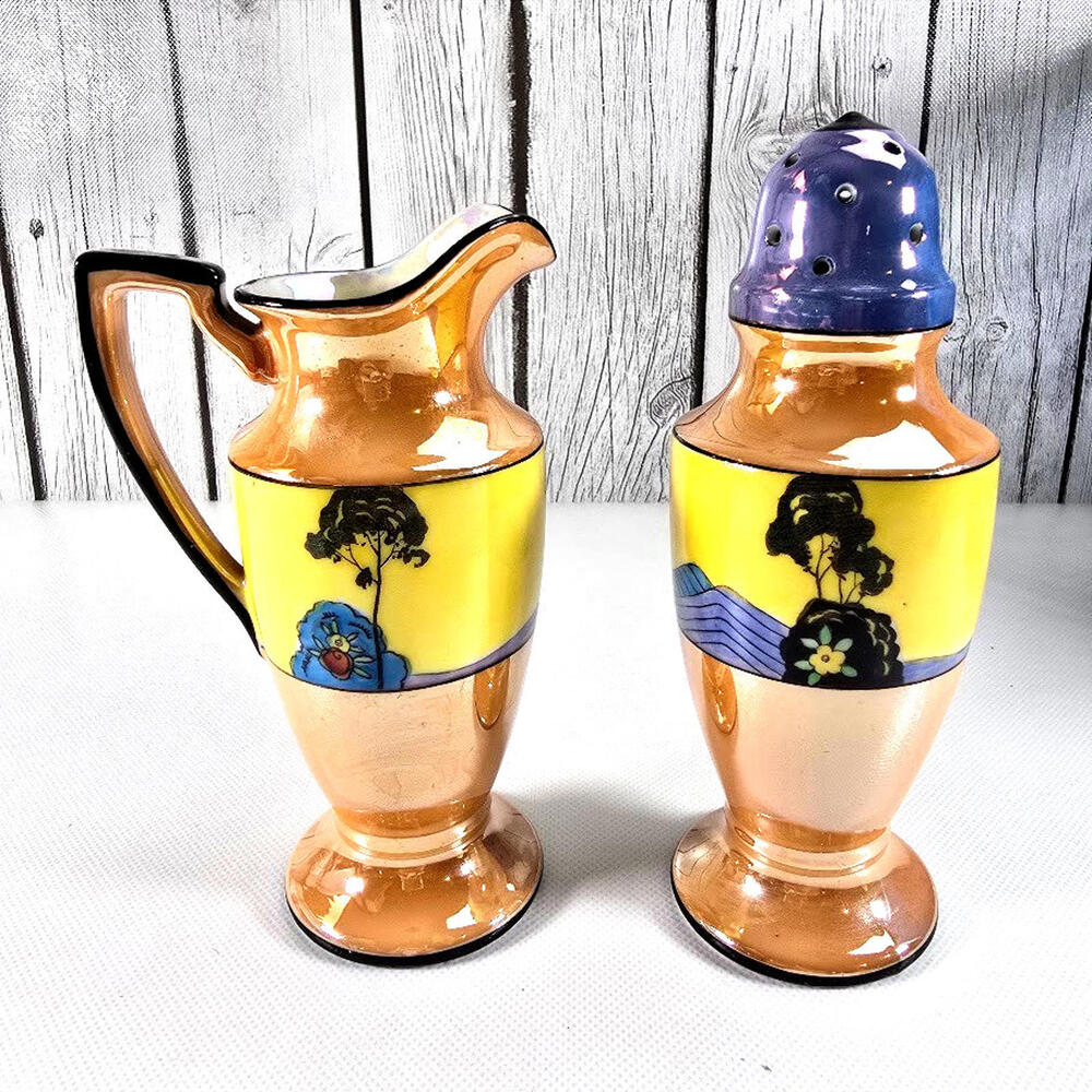 Noritake Lusterware Creamer & Muffineer Japan Lustre Hand Painted Sugar Shaker